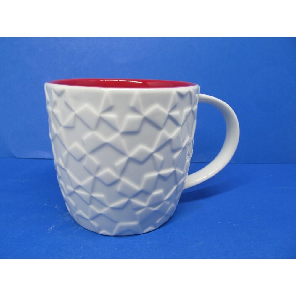 Starbucks 2011 White Geometric Embossed With Red Interior Coffee Mug EXC